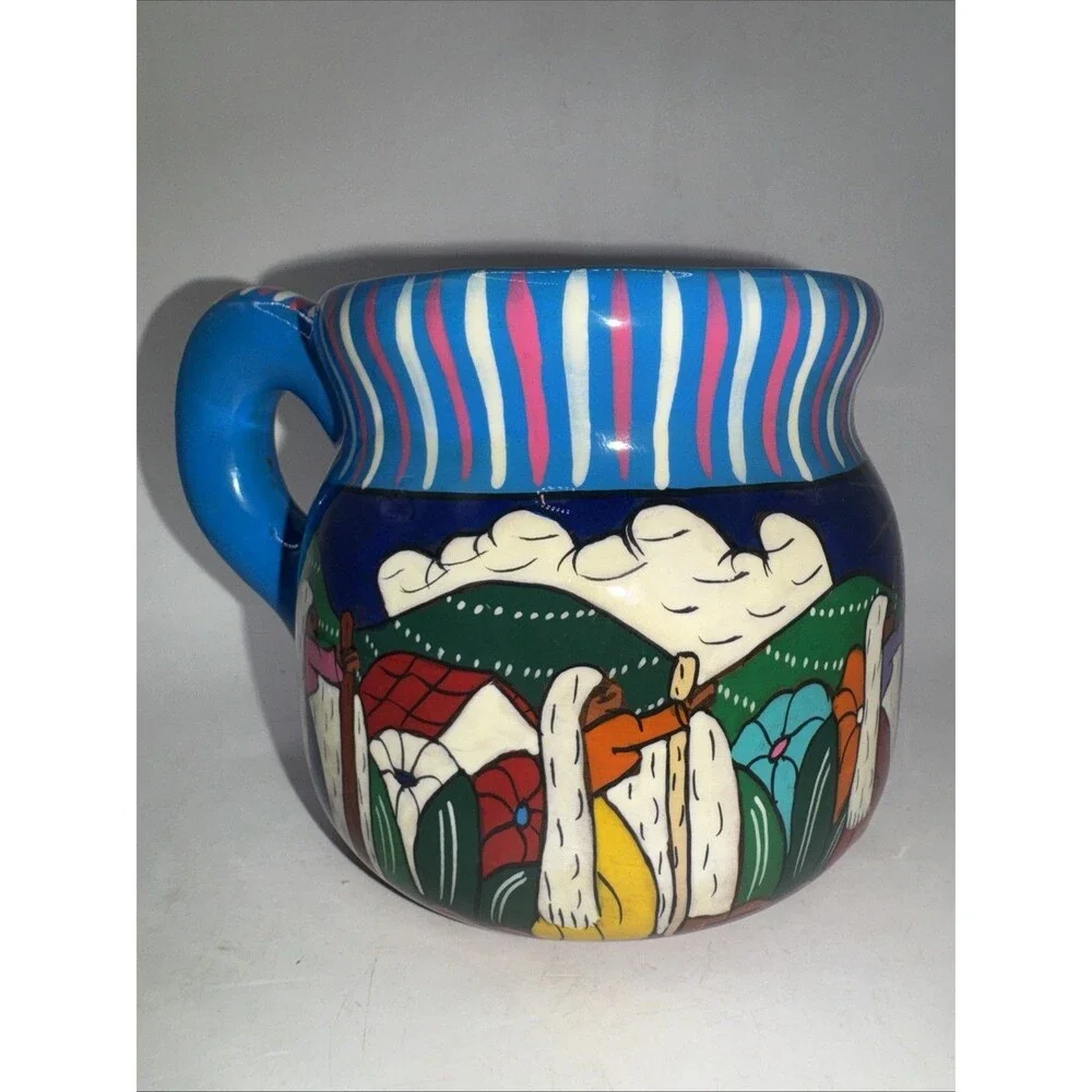 Hand Painted Terracotta Mexican Folk Art Talavera Story Telling Coffee Mug - Picture 1 of 6